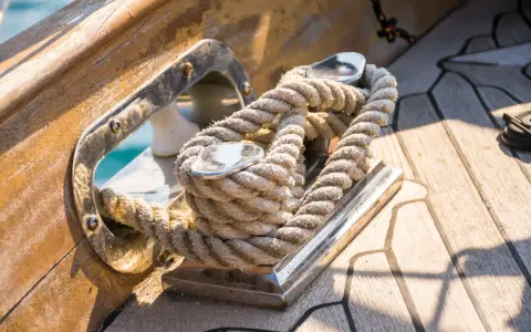 Festgemachtes Seil auf einer Bootsklampe. Das dicke Tauwerk liegt sicher auf dem glänzenden Metall der Klampe, bereit, das Boot festzumachen.