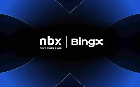 Logo NBX i BingX na tle grafiki z napisem "next block expo".