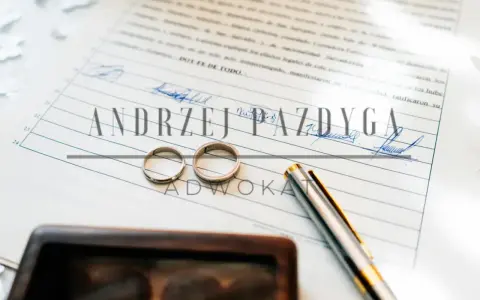 Dwa obrączki na dokumencie z podpisami i nazwiskiem "Andrzej Pazdyga", sugerujące intercyzę po ślubie. Obok pióro i drewniane pudełko.