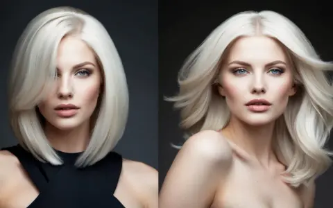 Zwei Porträts einer Frau mit platinblonden Haaren. Links trägt sie einen schwarzen Ausschnitt, rechts ist sie schulterfrei.