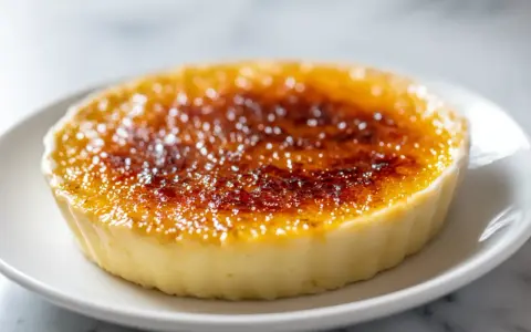 Crème brûlée à la vanille avec une croûte caramélisée dorée sur une assiette blanche.