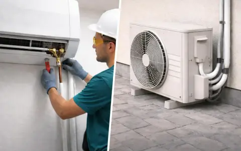 Técnico realiza la **conexión de tubos de aire acondicionado** a la unidad interior. Al lado, la unidad exterior con sus tubos.