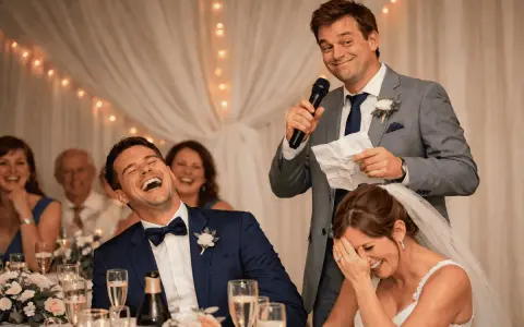 Un hombre da un discurso gracioso para bodas de oro, mientras la pareja ríe a carcajadas.