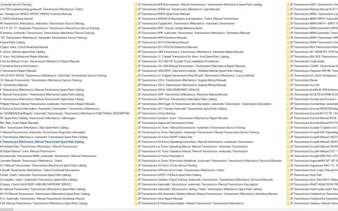 Liste de manuels pour transmissions ZF, incluant des guides de réparation, catalogues de pièces et informations techniques.