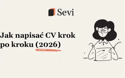 Ilustracja z napisem "Jak napisać CV krok po kroku (2026)" i postacią kobiety przy laptopie.