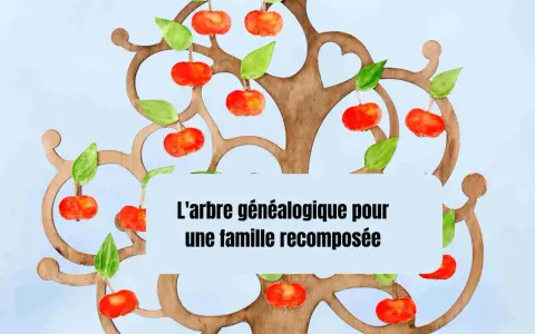Un arbre généalogique pour une famille recomposée, symbolisé par des fruits rouges et des feuilles vertes sur un fond bleu pâle.