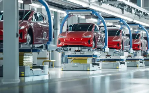 Línea de montaje de coches eléctricos rojos. Aunque se diga que los coches eléctricos no contaminan, su producción genera un impacto.