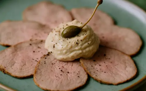 Vitello Tonnato: hauchdünne Scheiben Kalbfleisch, belegt mit einer cremigen Thunfischsauce und Kapern. Welches Fleisch ist das? Kalb!
