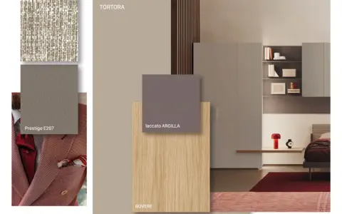 Moodboard con abbinamento legno chiaro e scuro: rovere, tortora, laccato argilla e tessuti eleganti.