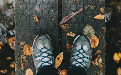 Scarpe in Gore-Tex donna pronte per un'avventura autunnale su un ponte di legno coperto di foglie.