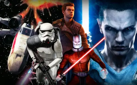 Personajes de los juegos de Star Wars: un soldado imperial, un Jedi y un Sith con sables de luz, junto a una nave X-wing en combate.