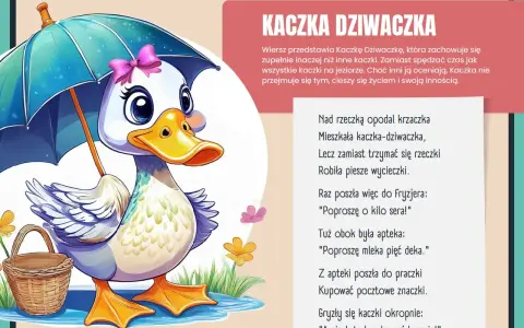 Kaczka dziwaczka w wierszu, z parasolką i koszykiem, cieszy się życiem.