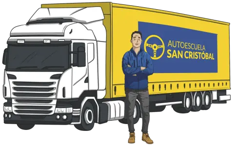 Hombre sonriente junto a un camión amarillo con logo de autoescuela. ¿Cuánto cuesta el carnet de trailer?