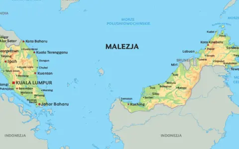 Mapa pokazuje, gdzie leży Malezja, między Tajlandią a Indonezją, otoczona Morzem Południowochińskim i Morzem Celebes.