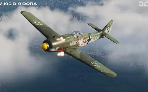 Grünes FW-190 D-9 DORA-Jagdflugzeug im Flug, mit sichtbaren Schüssen und einem Dorf unter den Wolken.