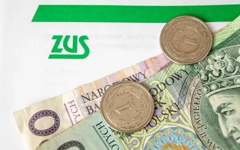 ZUS i polskie złotówki. Kiedy będzie 300 plus? Pieniądze i monety na tle dokumentu ZUS.