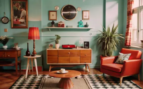 Salon w stylu retro inspiracje: pomarańczowy fotel, drewniana komoda, lampa i czarno-biała szachownica na podłodze.