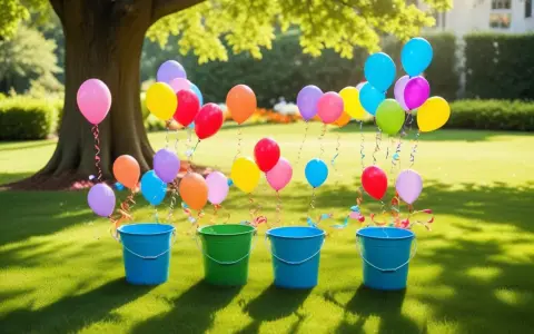 Färgglada ballonger svävar över hinkar på en gräsmatta, redo för en lek att kasta boll i hink.
