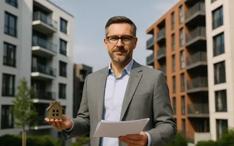 Makler hält Hausmodell und Dokumente vor Neubauten in Bonn. Infos zur Mietpreisbremse Bonn.