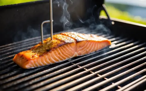 En saftig laxfilé grillas med en termometer instucken för att säkerställa perfekt innertemp lax. Röken stiger från den gyllene fisken.