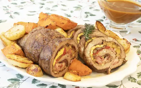 Carne asada enrollada y jugosa con papas y zanahorias asadas en un plato.