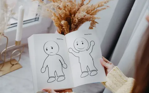Otwarta książka pokazuje rysunki smutnego i radosnego dziecka, symbolizujące nasze wewnętrzne dziecko.
