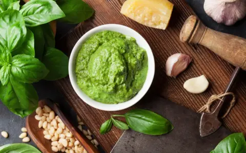 Świeże składniki do pesto: bazylia, orzeszki piniowe, czosnek, parmezan. Czy pesto jest zdrowe? Tak, jeśli przygotowane z dobrych składników!