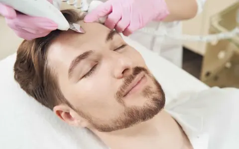 Mężczyzna poddaje się zabiegowi pielęgnacyjnemu twarzy, który jest częścią medycyny stylu życia.