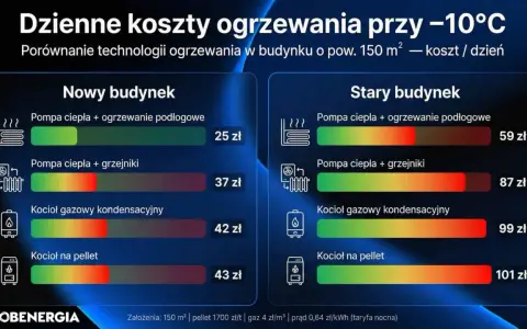 Porównanie dziennych kosztów ogrzewania przy -10°C dla budynku 150 m². Kocioł gazowy kondensacyjny w starym budynku to 99 zł, a w nowym 42 zł.