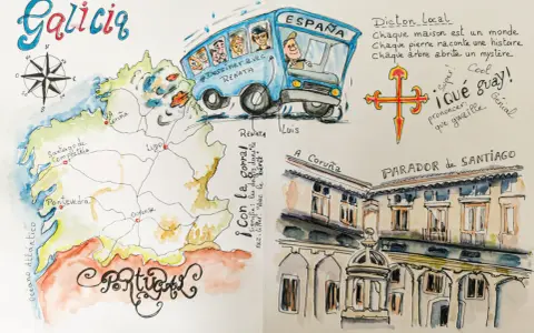 Un dessin de voyage en Galice, avec une carte, un bus "España" et le Parador de Santiago.