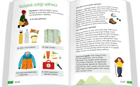 Ilustracja przedstawia niezbędnik małego wędrowca: plecak, wodę, jedzenie, mapę, kompas, kurtkę, bluzę, apteczkę i latarkę. To świetne **książki o tematyce górskiej** dla dzieci.