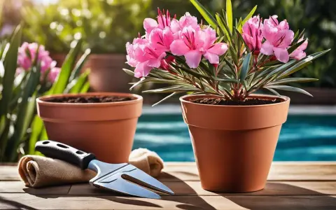Un magnifique laurier en pot, prêt à être planté, avec des fleurs roses éclatantes. Un outil de jardinage et un autre pot vide sont à proximité.