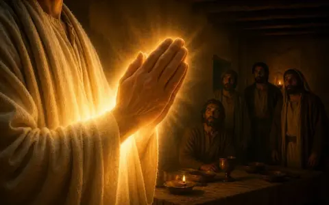 Jesus betet im Licht, seine Hände gefaltet, während Jünger in Johannes 17 Zeugen seiner Herrlichkeit werden.