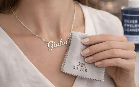 Collana con nome "Giulia" in argento 925, lucidata con un panno apposito. Cos'è il silver? È questo metallo prezioso che brilla.