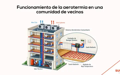 Diagrama ilustra aerotermia comunitaria o individual en un edificio, mostrando bombas de calor, suelo radiante y sala técnica.