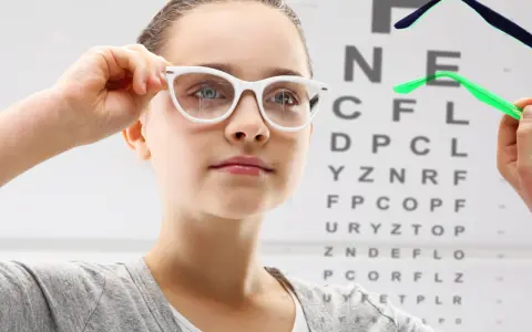 Dziewczynka z wadą wzroku - 20, przymierza okulary na tle tablicy Snellena.