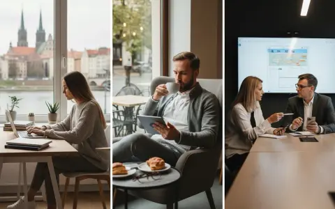 Kobieta pracuje przy laptopie z widokiem na Wrocław, mężczyzna pije kawę z tabletem, para dyskutuje przy ekranie. Psychologia w biznesie studia Wrocław.