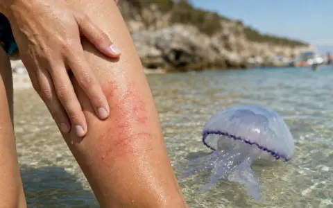 Gamba con eritema da puntura di medusa. Cosa fare in caso di contatto con questi organismi marini.