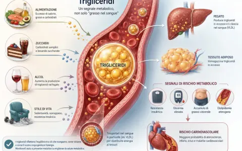 I trigliceridi alti, legati a dieta, alcol e stile di vita, possono portare a dislipidemia e rischio cardiovascolare, ma non direttamente a un tumore.