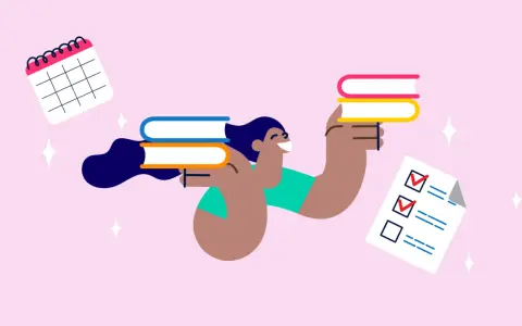 Glückliche Person mit Büchern und Kalender, bereit für den Abitur Abschluss. Checkliste zeigt erledigte Aufgaben.