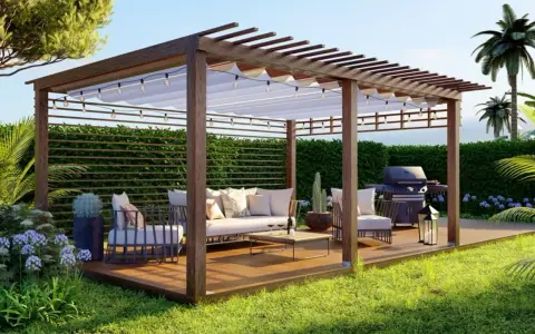 Pergola de madera con muebles cómodos, parrilla y luces, ideal para disfrutar del exterior.