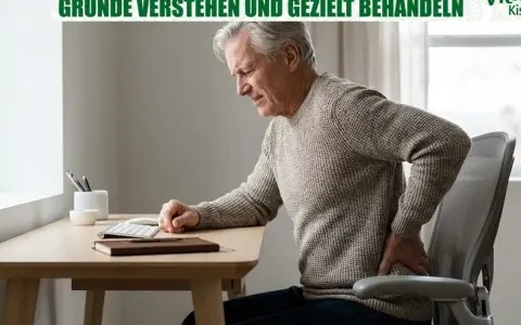 Älterer Mann mit schmerzen beim sitzen am Schreibtisch, hält sich den Rücken.