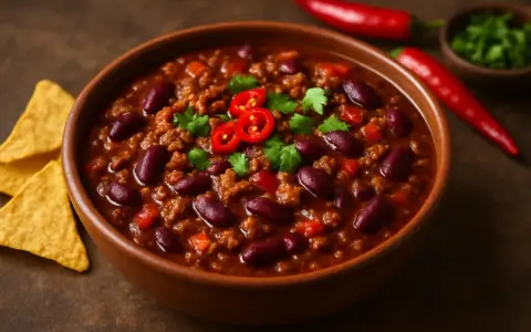En skål med mustig chili con carne, toppad med färsk chili och koriander. Tortillachips och hela chilifrukter i bakgrunden.