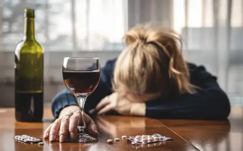 Kobieta z głową opartą na rękach, obok kieliszek wina, butelka i opakowania psychotropów.