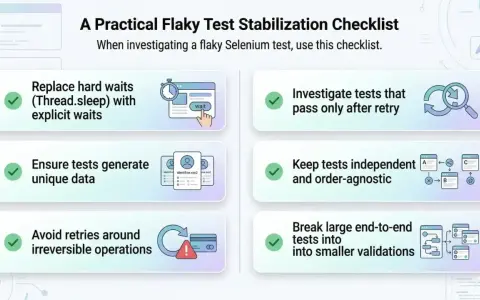 Lista kontrolna stabilizacji niestabilnych testów Selenium: zastąp `Thread.sleep` przez `selenium wait` (jawne oczekiwanie), generuj unikalne dane, unikaj ponownych prób przy operacjach nieodwracalnych.