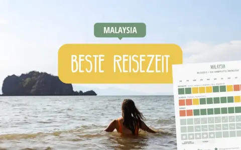 Frau im Meer blickt auf Inseln. Über ihr steht "MALAYSIA" und "BESTE REISEZEIT". Rechts eine Übersicht zur Reisezeit.