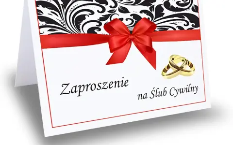 Eleganckie zaproszenie na ślub cywilny i obiad, ozdobione czerwoną wstążką, kokardą i złotymi obrączkami.