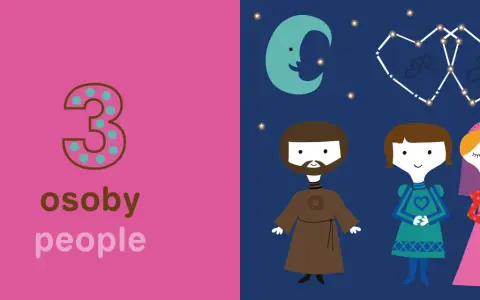 Ilustracja z liczbą 3 i napisem "osoby people" po lewej, a po prawej postacie Romea i Julii pod konstelacjami w kształcie serc.
