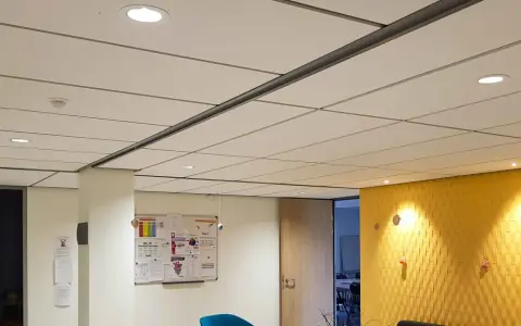 Plafond fibralith blanc, discret, avec des spots lumineux intégrés. Une ambiance moderne et épurée.