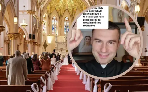 W kościele trwa ślub. W okręgu ksiądz odpowiada na pytanie: "kto nie może być świadkiem na ślubie kościelnym?".